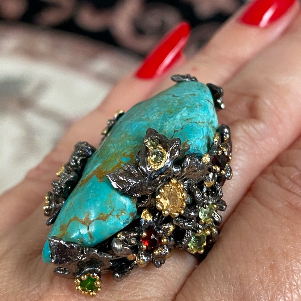 Gorgeous Genuine Turquoise Ring with Gemstones - Picture 6 of 17